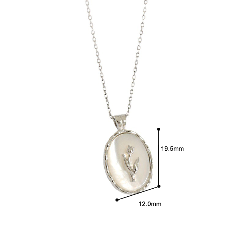 Geometric Oval Shell and Tulip Pendant Necklace in S925 Silver