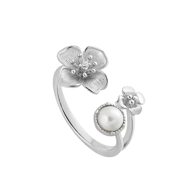 Micro Inlaid Zircon Pearl Flower Sterling Silver Ring