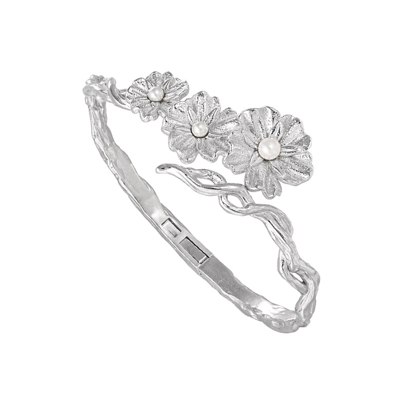 Vintage Style with Pearl Flower Sterling Silver Open Bangle