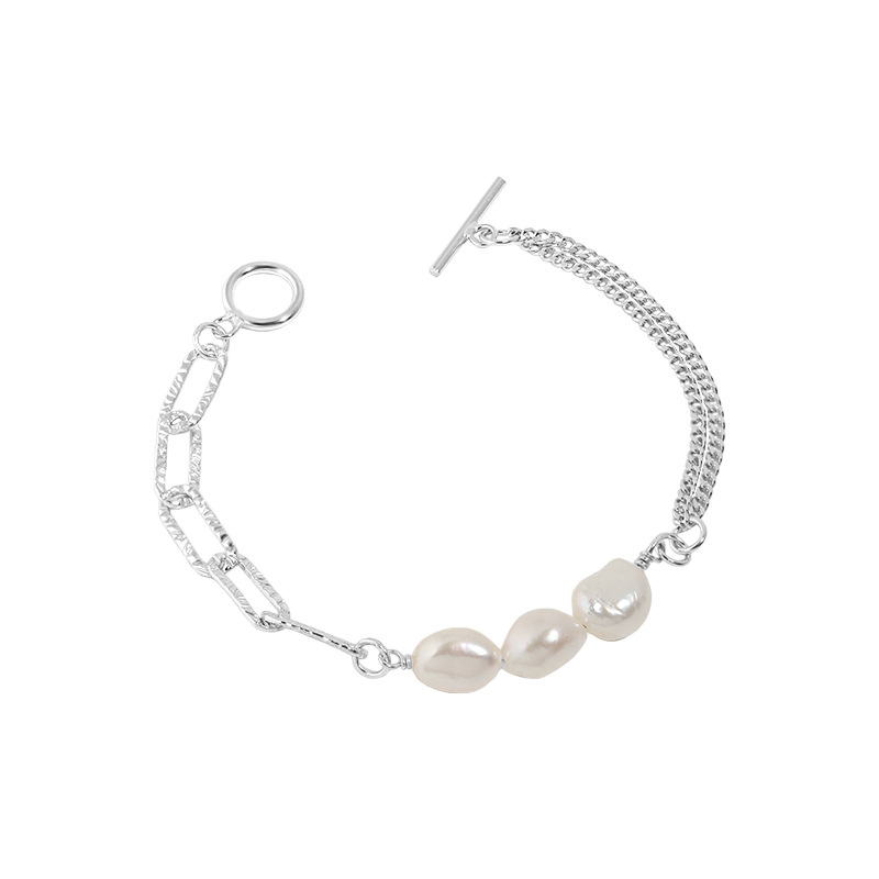 Baroque, Freshwater Pearl, Double-Layer OT Clasp Chain, Sterling Silver Bracelet