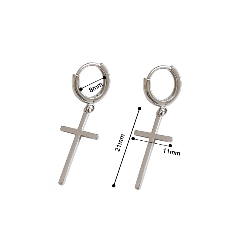 Stylish Smooth Round Hoop Cross Long Sterling Silver Ear Pendants