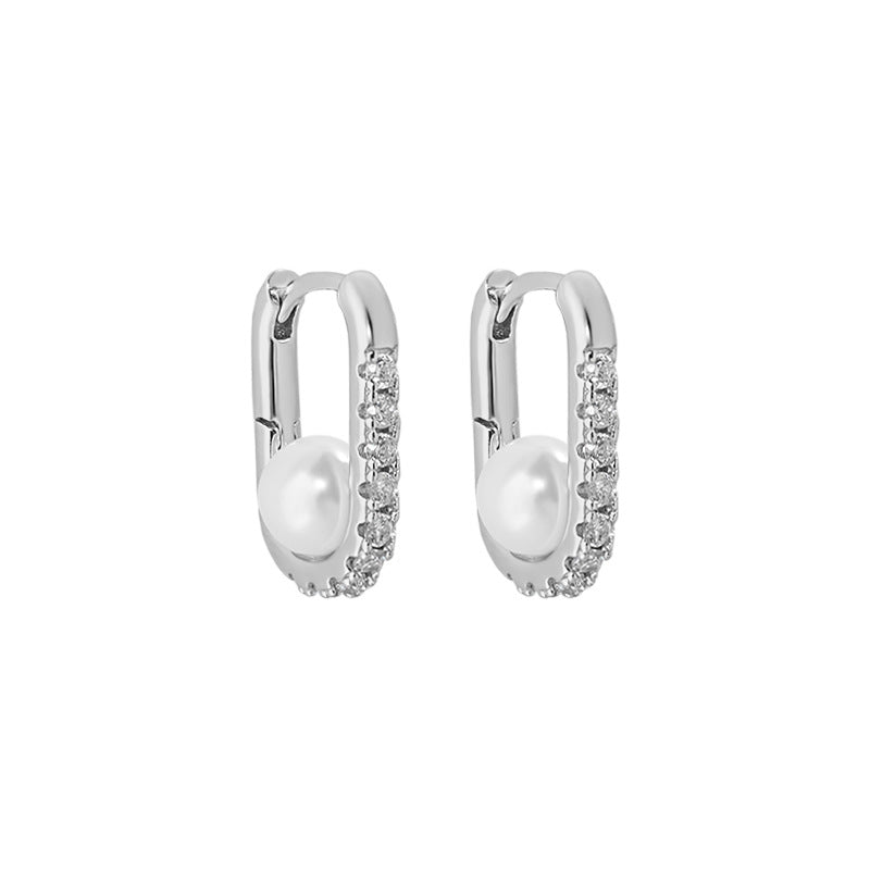 Minimalist Geometric Oval Zircon and Pearl S925 Silver Earrings