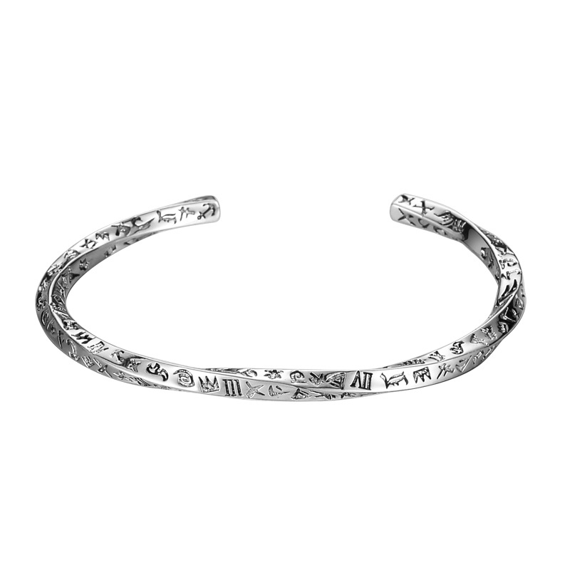 Sterling Silver Mobius Bracelet, Open Retro Thai Silver Ancient Script Bangle