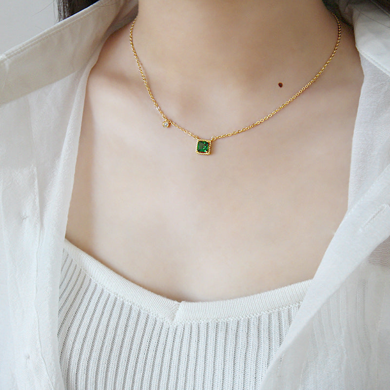 Elegant Geometric Square S925 Silver Emerald Zircon Necklace