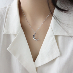 Sterling Silver Necklace with  Irregular Concave and Convex Moon Pendant, Clavicle Chain Jewelry