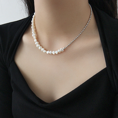 Sterling Silver Necklace with Baroque Freshwater Pearl Beaded Chain Splicing, Clavicle Necklace