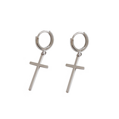 Stylish Smooth Round Hoop Cross Long Sterling Silver Ear Pendants