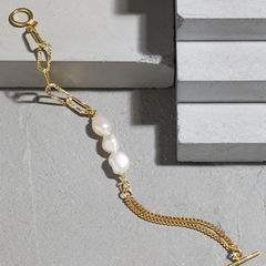 Baroque, Freshwater Pearl, Double-Layer OT Clasp Chain, Sterling Silver Bracelet