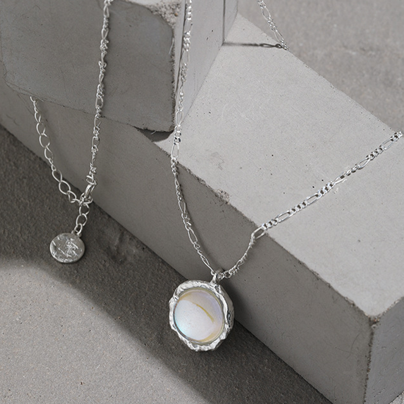  Geometric Round Moonstone Inlay Pendant Texture Sterling Silver Necklace