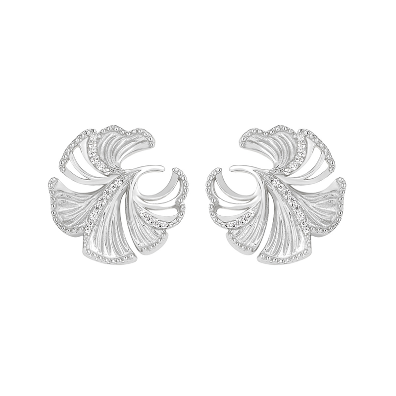 Diamond Inlay Silver Ginkgo Leaf Sterling Silver Earrings