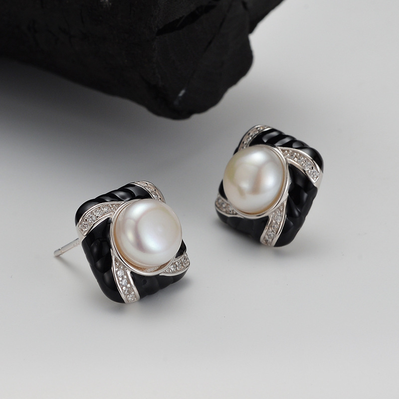 Windmill Earrings with Diamond Inlays and Natural Freshwater Pearl