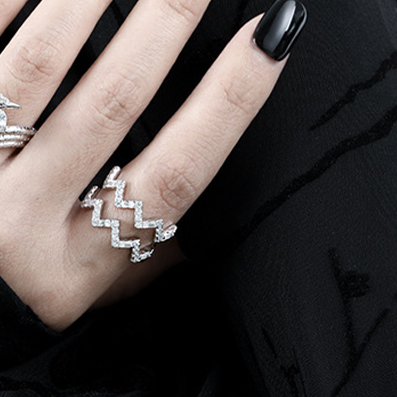 Wave Pattern Hollow Out with Inlaid Diamond Design Adjustable Ring