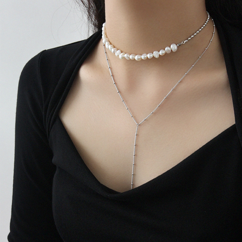 Sterling Silver Necklace with Baroque Freshwater Pearl Beaded Chain Splicing, Clavicle Necklace