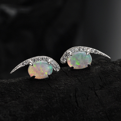 Sterling Silver Inlaid Colorful Opal Sparkling Moon Earrings