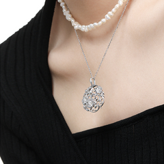 Vintage-inspired S925 Silver Geometric Round Floral Filigree Necklace