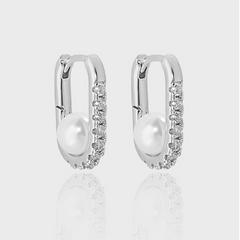 Minimalist Geometric Oval Zircon and Pearl S925 Silver Earrings