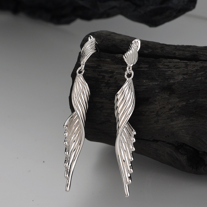 Sterling Silver Long Geometric Wing Earrings