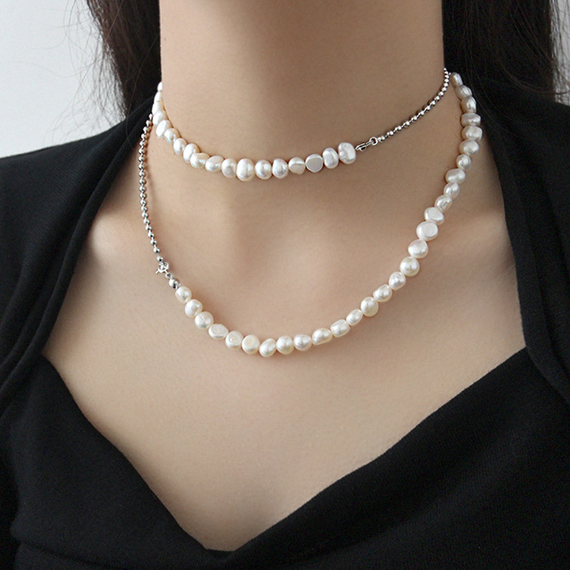 Sterling Silver Necklace with Baroque Freshwater Pearl Beaded Chain Splicing, Clavicle Necklace