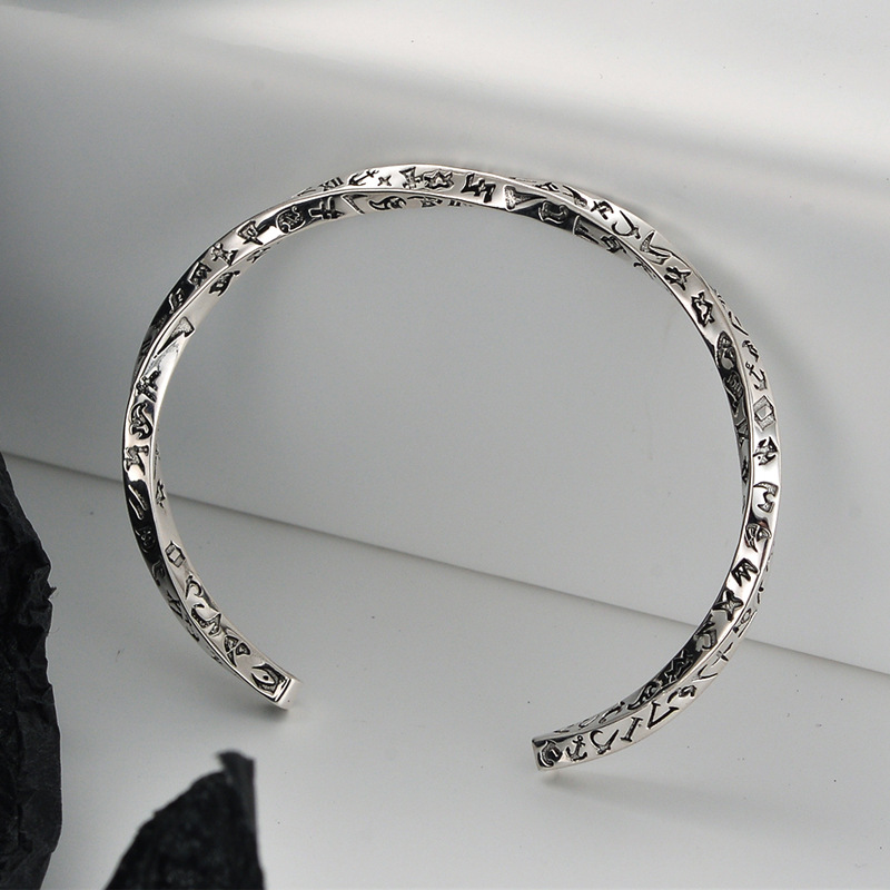 Sterling Silver Mobius Bracelet, Open Retro Thai Silver Ancient Script Bangle