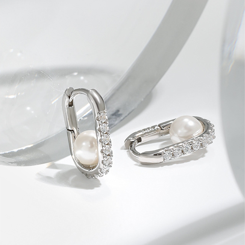 Minimalist Geometric Oval Zircon and Pearl S925 Silver Earrings