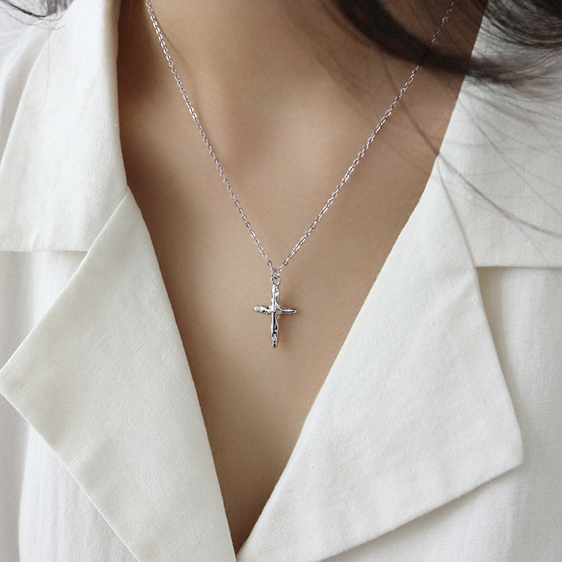  Concave Convex Cross Pendant Sterling Silver Necklace, Clavicle Chain