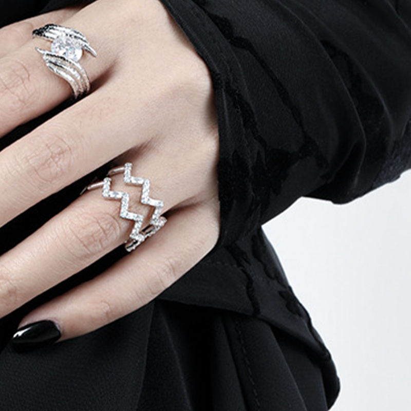 Wave Pattern Hollow Out with Inlaid Diamond Design Adjustable Ring