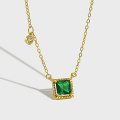 Elegant Geometric Square S925 Silver Emerald Zircon Necklace