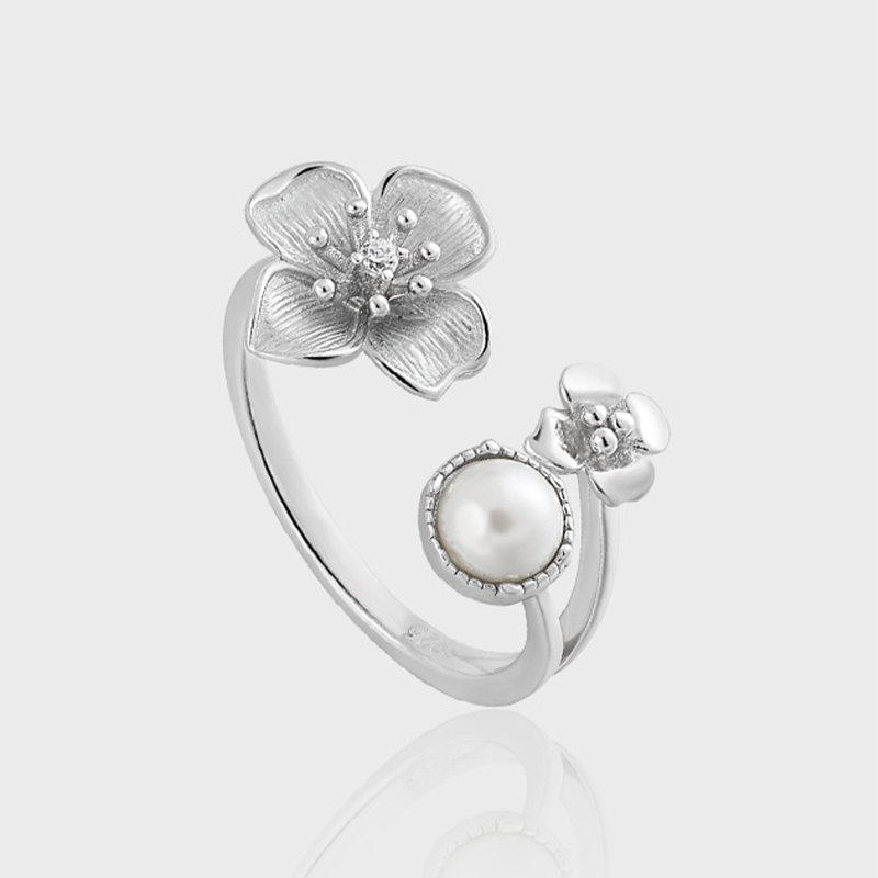 Micro Inlaid Zircon Pearl Flower Sterling Silver Ring