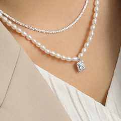 Unique Design Freshwater Pearl and Micro-Paved Zircon S925 Silver Necklace