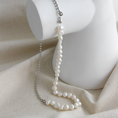 Sterling Silver Necklace with Baroque Freshwater Pearl Beaded Chain Splicing, Clavicle Necklace