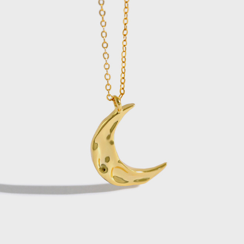 Sterling Silver Necklace with  Irregular Concave and Convex Moon Pendant, Clavicle Chain Jewelry