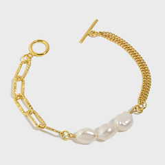 Baroque, Freshwater Pearl, Double-Layer OT Clasp Chain, Sterling Silver Bracelet