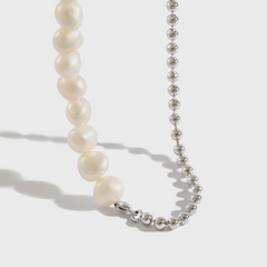 Sterling Silver Necklace with Baroque Freshwater Pearl Beaded Chain Splicing, Clavicle Necklace