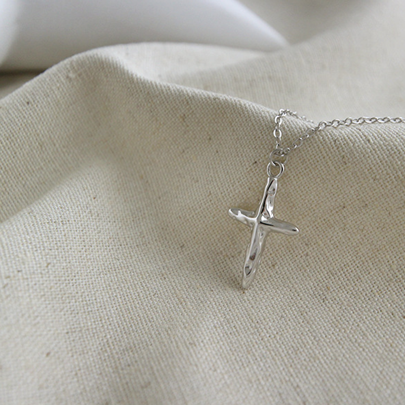  Concave Convex Cross Pendant Sterling Silver Necklace, Clavicle Chain