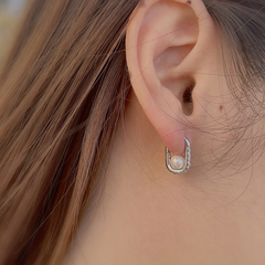 Minimalist Geometric Oval Zircon and Pearl S925 Silver Earrings