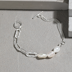 Baroque, Freshwater Pearl, Double-Layer OT Clasp Chain, Sterling Silver Bracelet