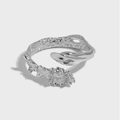 Original Design Floral Series Firework Texture with Zircon Stone Sterling Silver Adjustable Ring