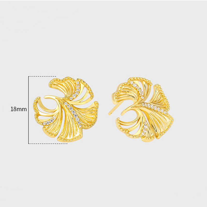 Diamond Inlay Silver Ginkgo Leaf Sterling Silver Earrings