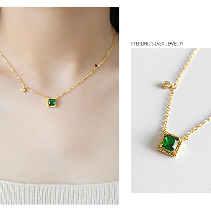 Elegant Geometric Square S925 Silver Emerald Zircon Necklace